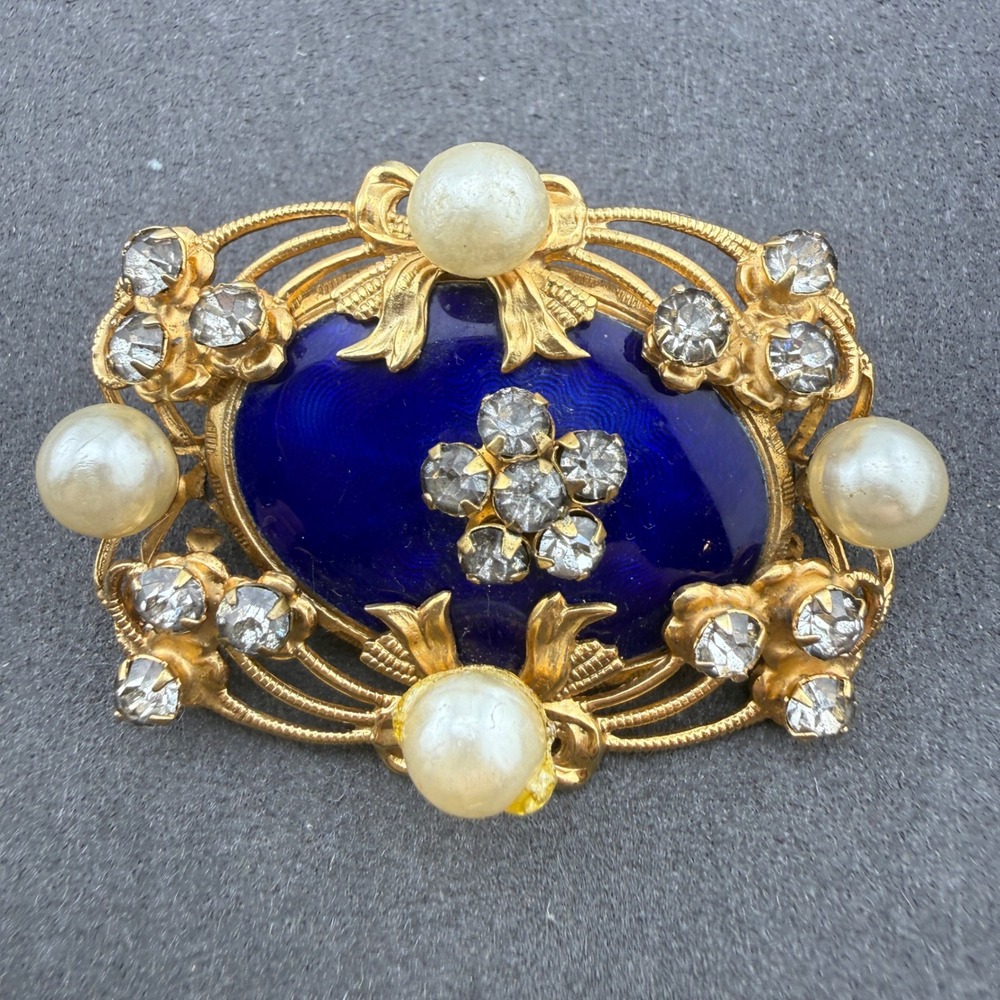 Vintage Blue Enamel Rhinestone Brooch Faux Pearl Guilloche Victorian Revival Pin